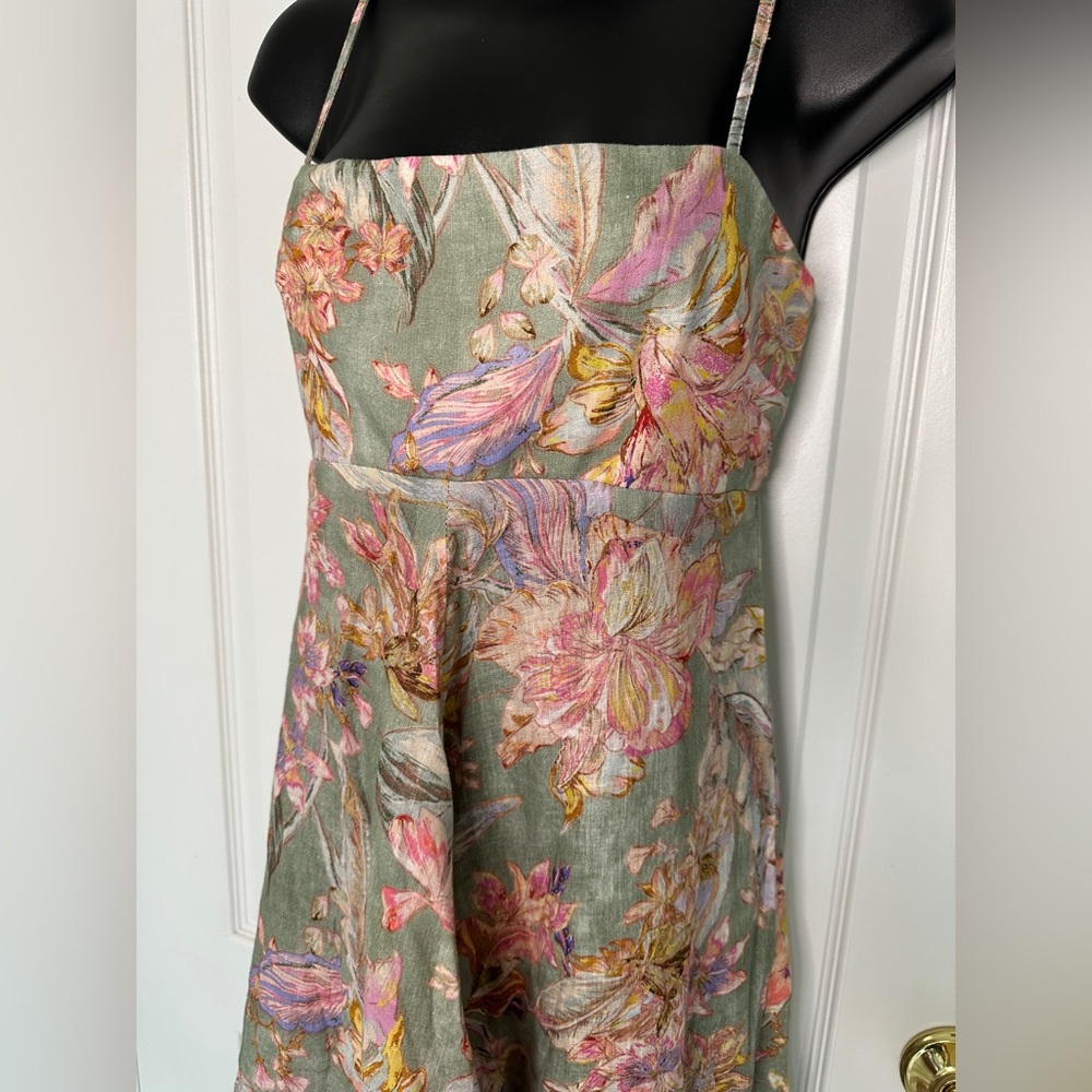 Zimmermann Watercolor Green Pink Floral Print Linen Flowy Maxi Dress 2 Small NWT